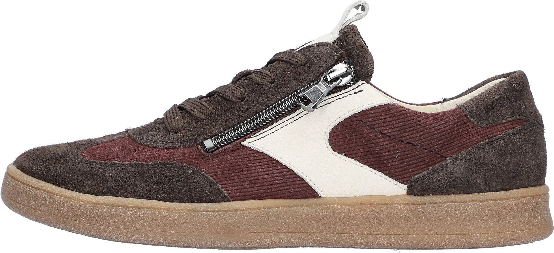 Waldlaufer 704005 407 166 H-Daisy women's Wide Brown/Burgundy Suede Arch Support Zip & Lace Trainers, front three-quarter.