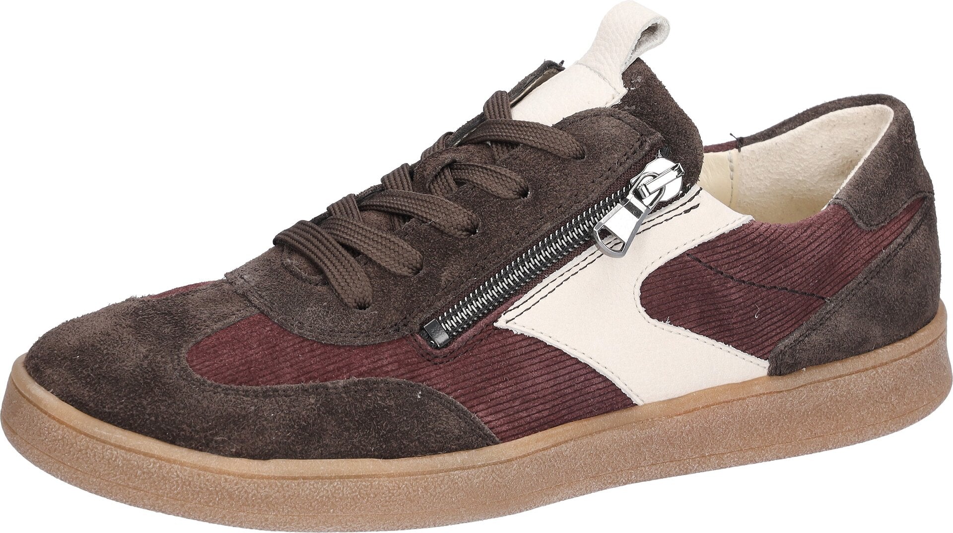 Waldlaufer 704005 407 166 H-Daisy women's Wide Brown/Burgundy Suede Arch Support Zip & Lace Trainers, inner side view.