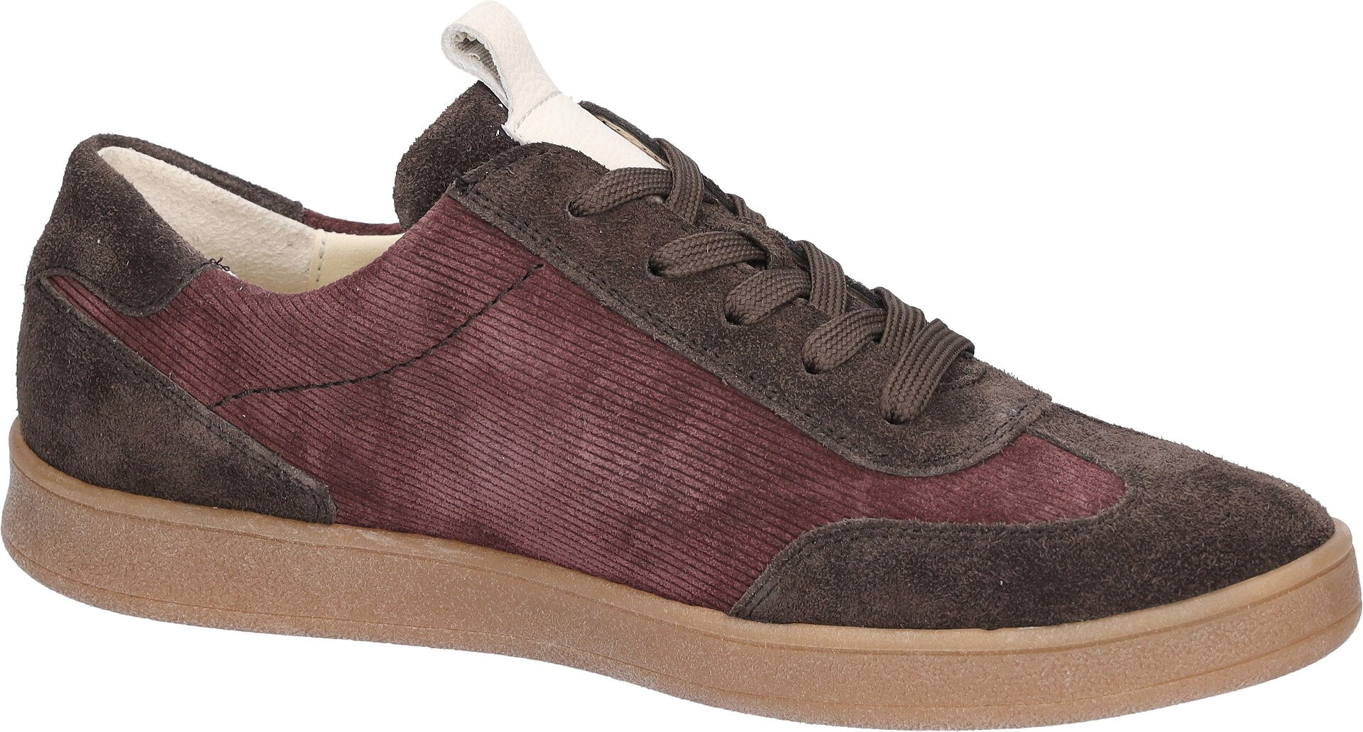 Waldlaufer 704005 407 166 H-Daisy women's Wide Brown/Burgundy Suede Arch Support Zip & Lace Trainers, rear three-quarter.