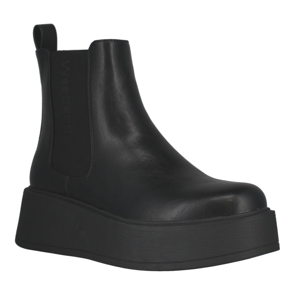 Westland Gemma 01 women's black vegan platform chelsea ankle boots, front three-quarter view.