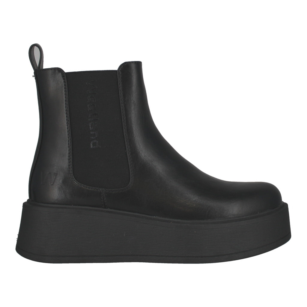 Westland Gemma 01 women's black vegan platform chelsea ankle boots, side view.