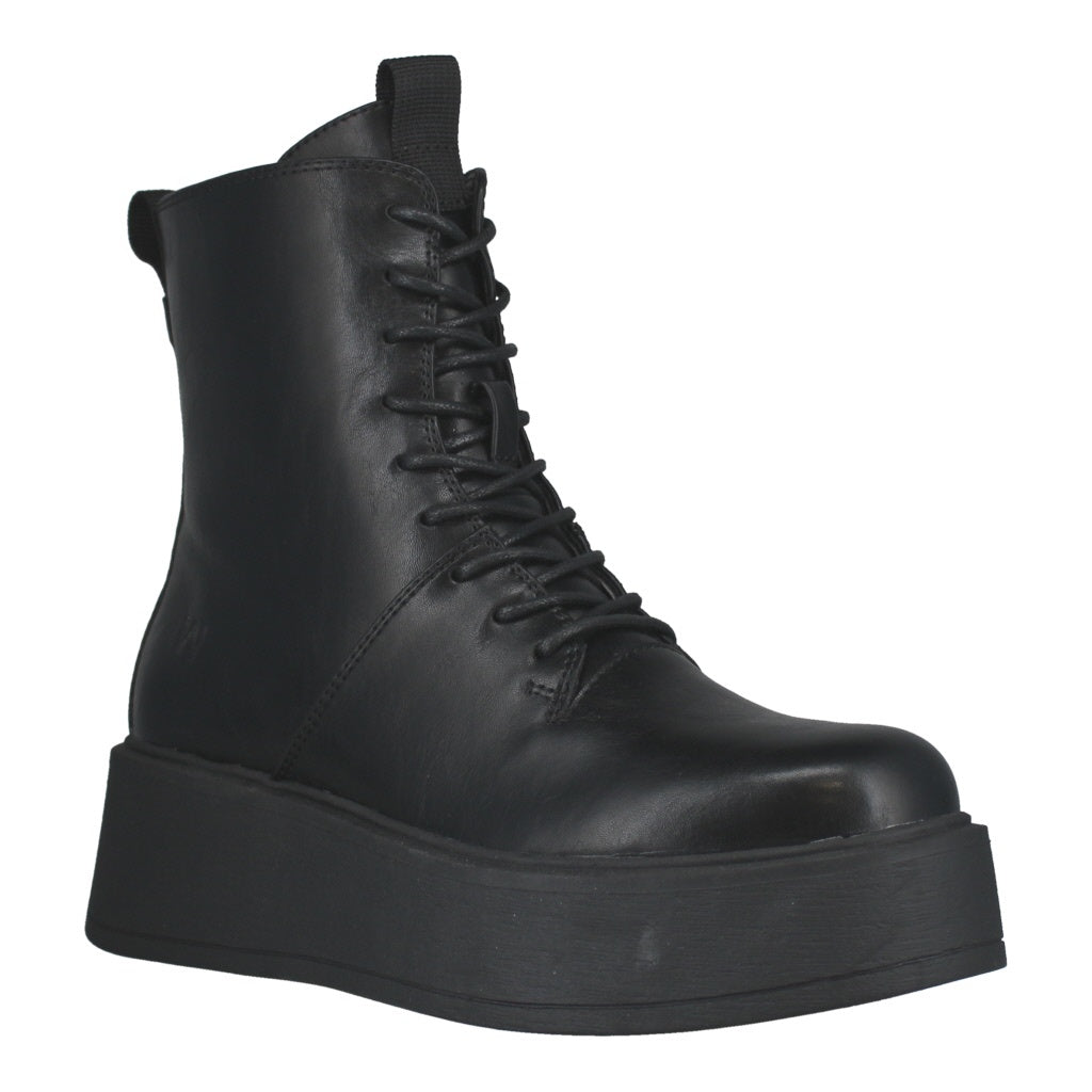 Westland Gemma 02 women's black vegan zip-and-lace platform ankle boots, front three-quarter view.