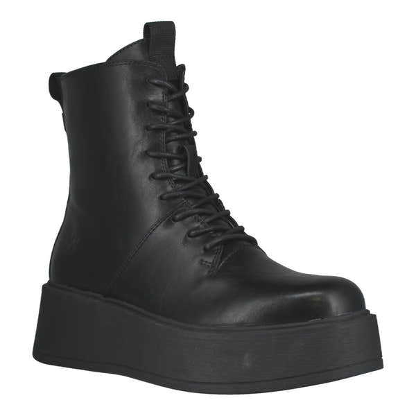 Westland Gemma 02 women's black vegan zip-and-lace platform ankle boots, front three-quarter view.