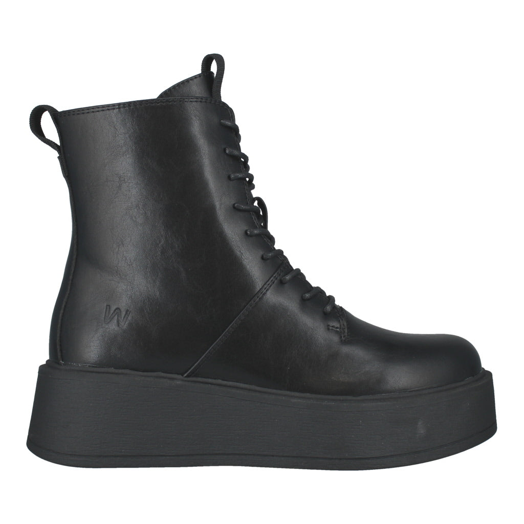 Westland Gemma 02 women's black vegan zip-and-lace platform ankle boots, side view.