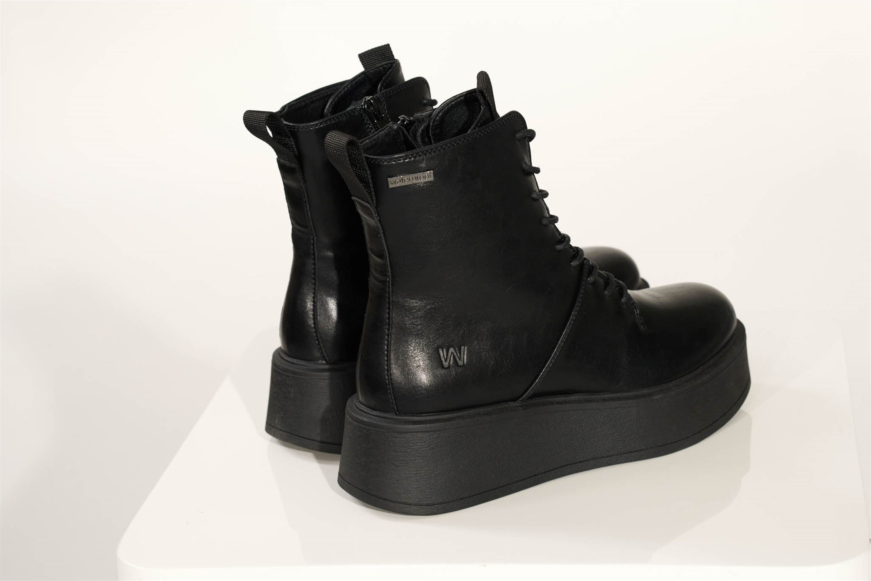 Westland Gemma 02 women's black vegan zip-and-lace platform ankle boots worn on foot, Westland lifestyle view 4.