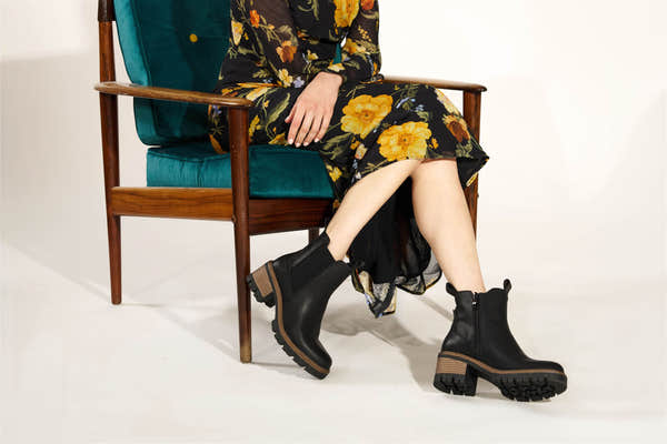 Westland Geri 03 women's black vegan heeled chelsea ankle boots worn on foot, Westland lifestyle view 1.
