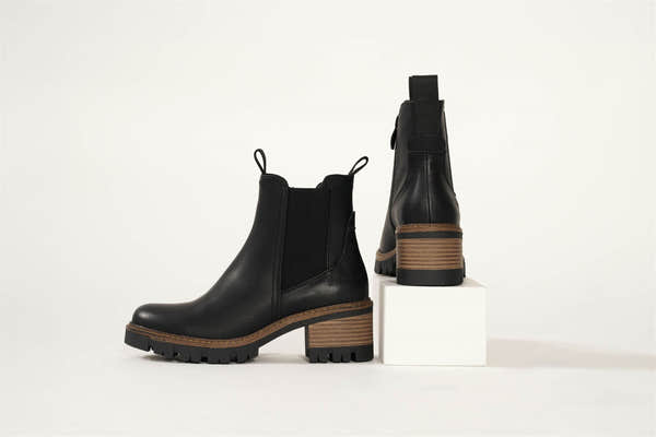 Westland Geri 03 women's black vegan heeled chelsea ankle boots worn on foot, Westland lifestyle view 2.