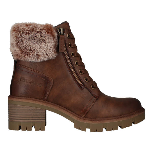 Westland Geri 04 women's brown vegan faux fur zip-and-lace heeled ankle boots, front three-quarter view.