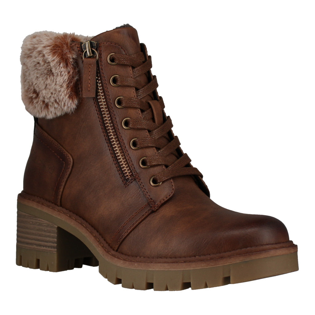 Westland Geri 04 women's brown vegan faux fur zip-and-lace heeled ankle boots, side view.