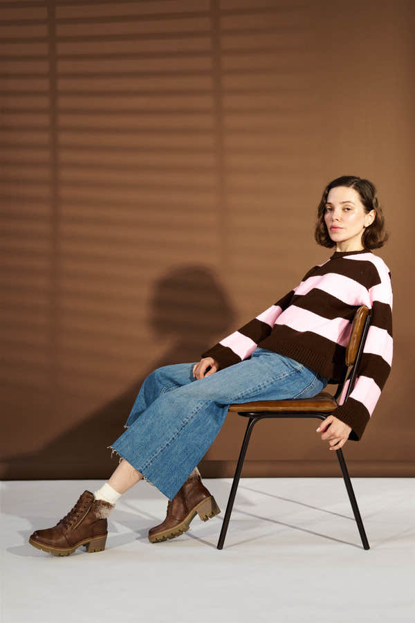 Westland Geri 04 women's brown vegan faux fur zip-and-lace heeled ankle boots worn on foot, Westland lifestyle view 1.