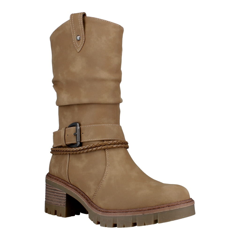 Westland Geri 06 women's taupe vegan side zip buckle mid-calf heeled boots, front three-quarter view.
