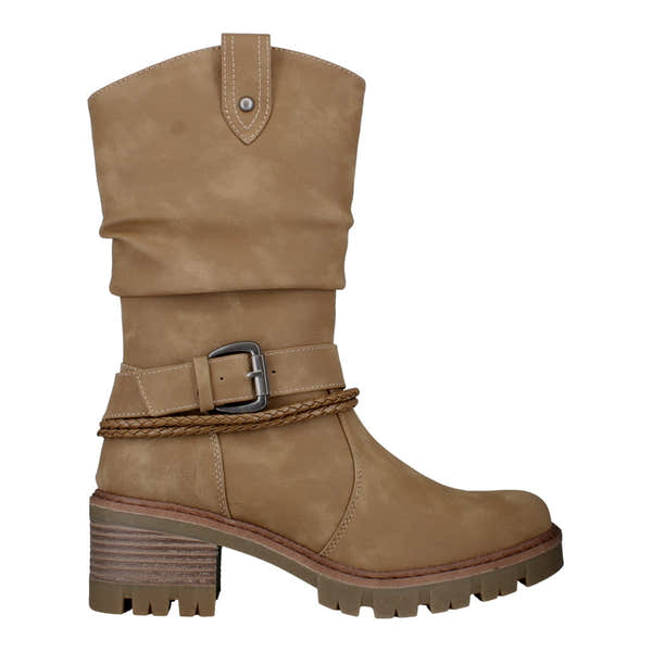 Westland Geri 06 women's taupe vegan side zip buckle mid-calf heeled boots, side view.