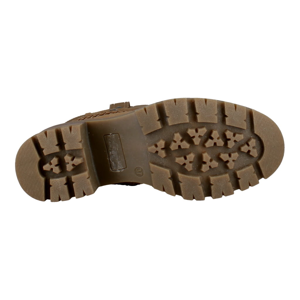 Westland Geri 06 women's taupe vegan side zip buckle mid-calf heeled boots, rear view showing the heel and sole.
