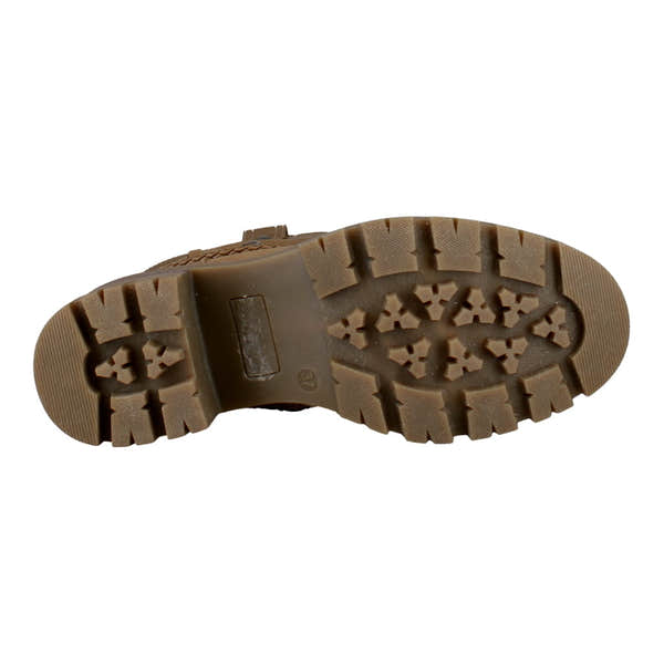 Westland Geri 06 women's taupe vegan side zip buckle mid-calf heeled boots, rear view showing the heel and sole.