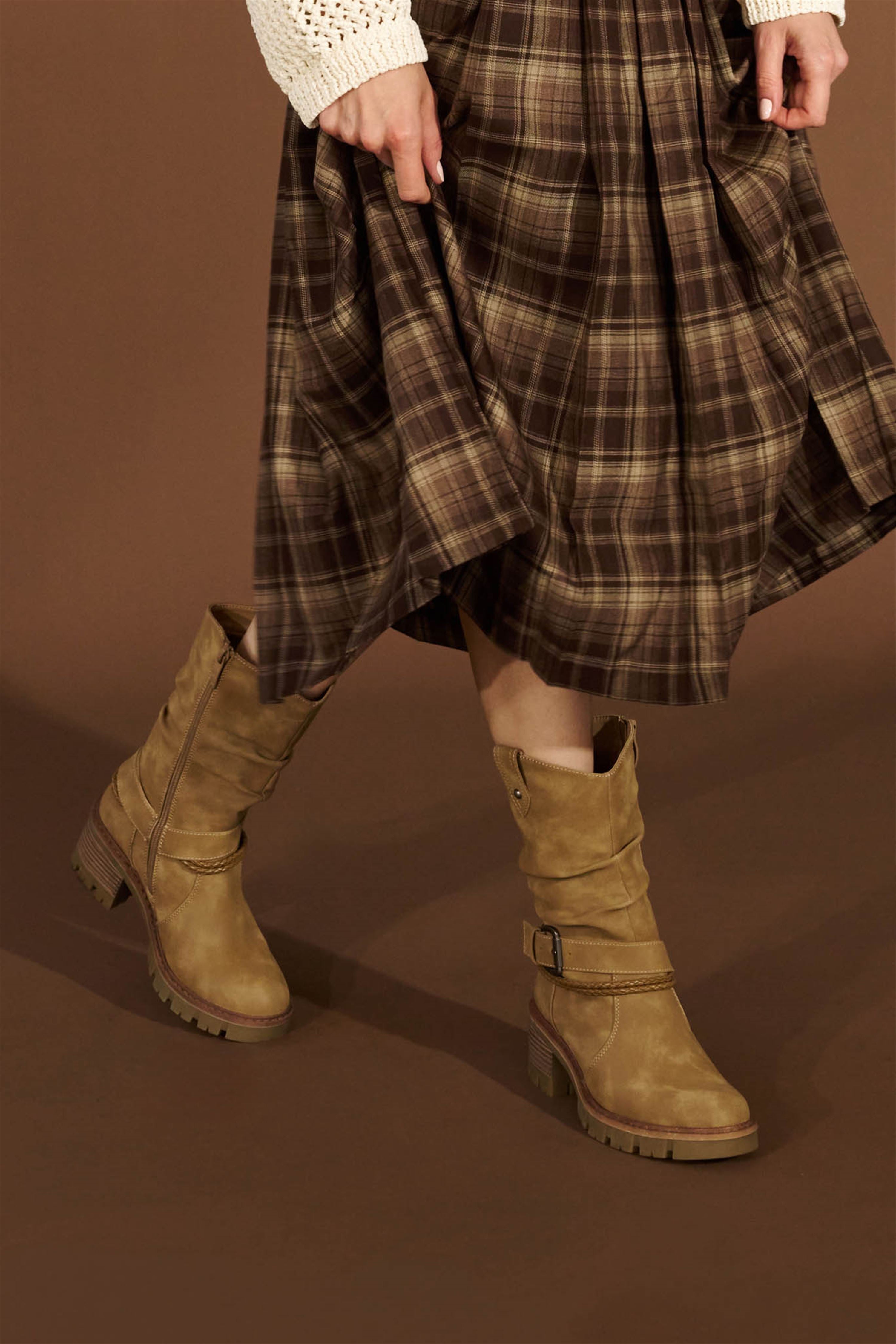 Westland Geri 06 women's taupe vegan side zip buckle mid-calf heeled boots worn on foot, Westland lifestyle view 4.