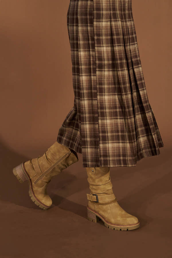 Westland Geri 06 women's taupe vegan side zip buckle mid-calf heeled boots worn on foot, Westland lifestyle view 6.