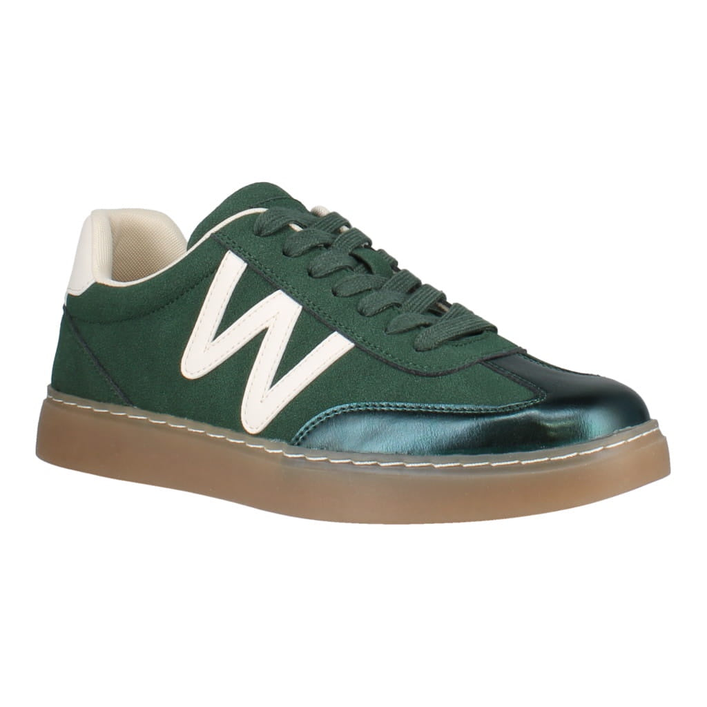 Westland Kira 01 women's green combi vegan lace-up trainers, front three-quarter view.