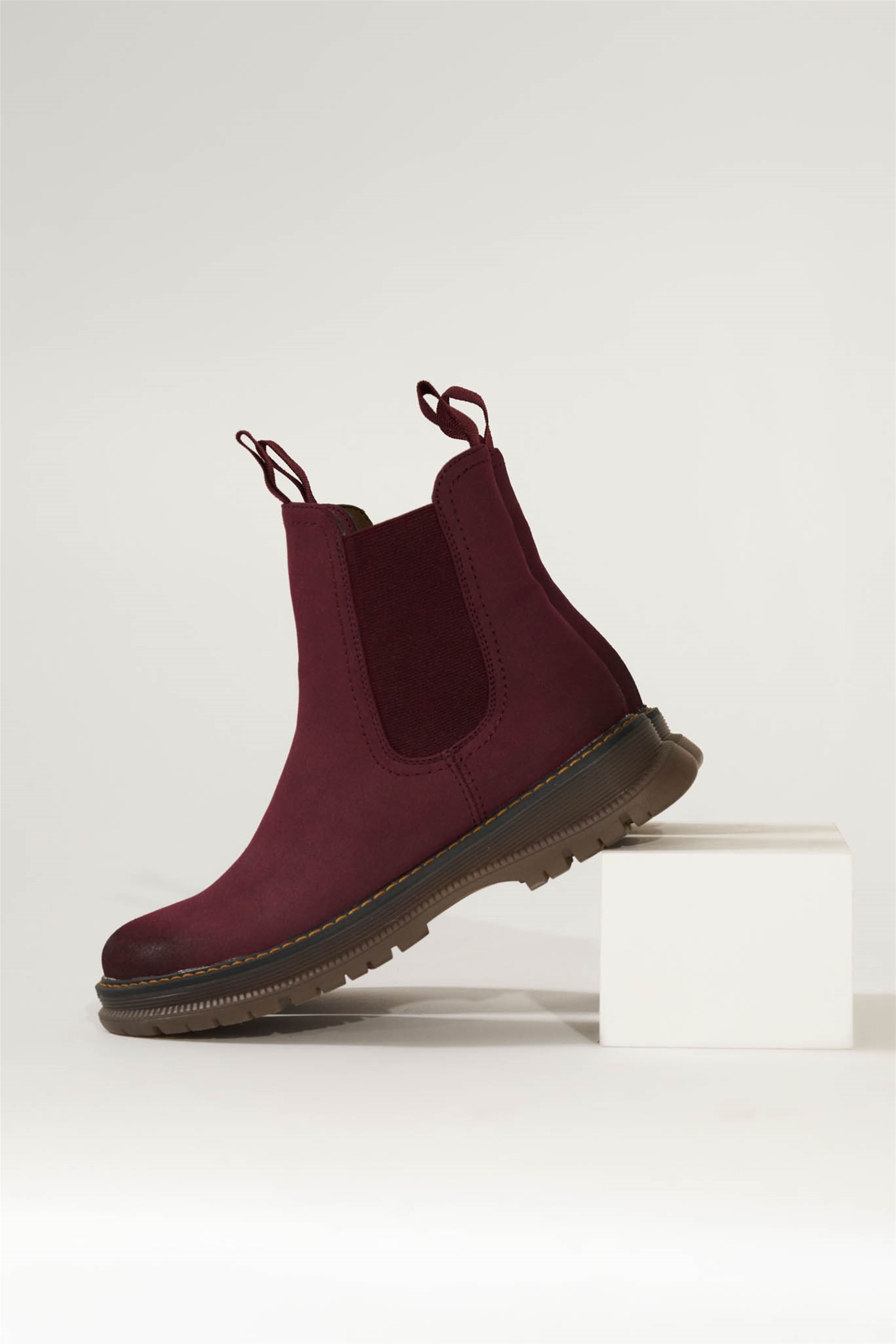 Westland Peyton 05 women's burgundy vegan chelsea ankle boots worn on foot, Westland lifestyle view 2.