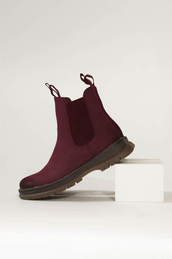 Westland Peyton 05 women's burgundy vegan chelsea ankle boots worn on foot, Westland lifestyle view 2.