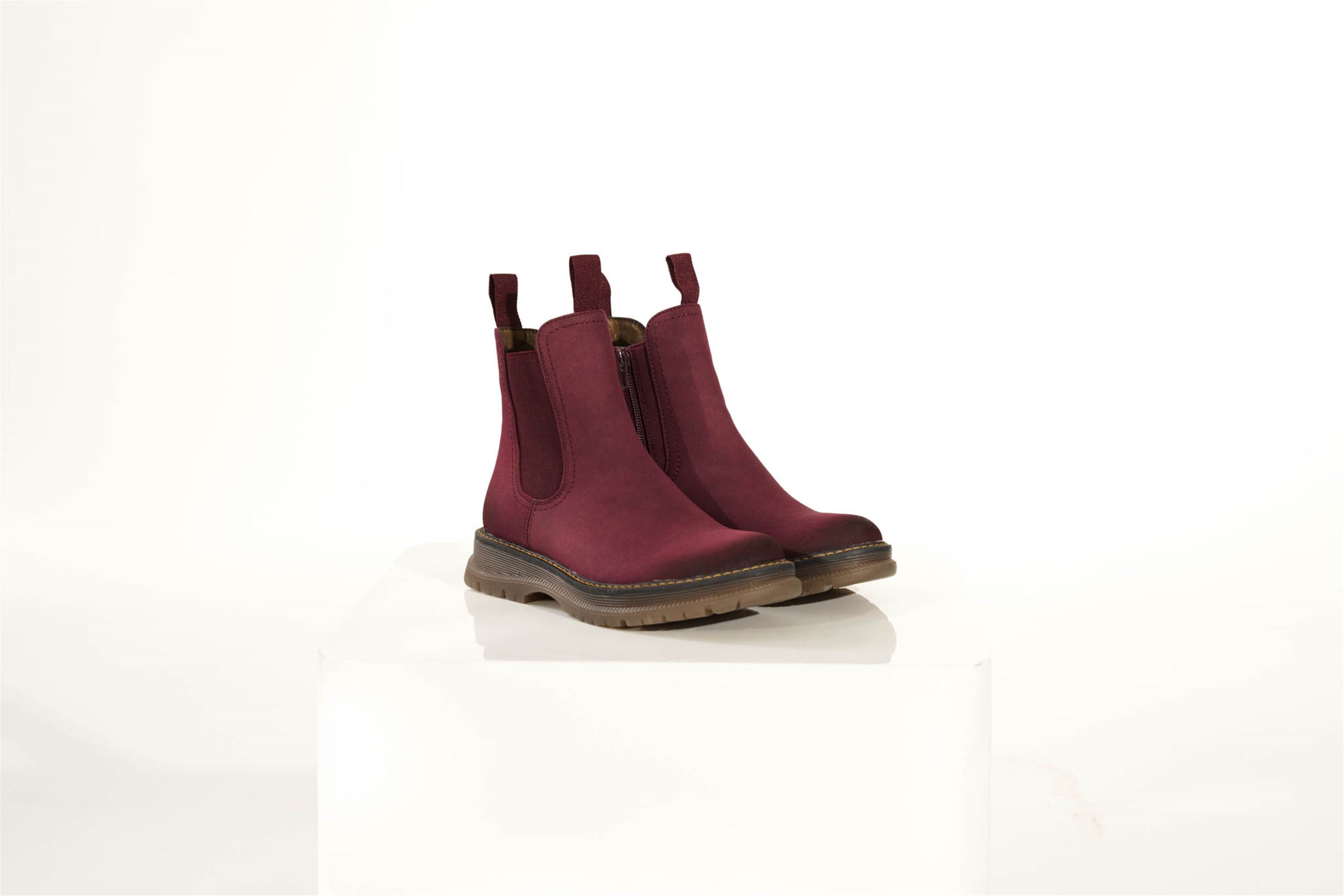 Westland Peyton 05 women's burgundy vegan chelsea ankle boots worn on foot, Westland lifestyle view 3.