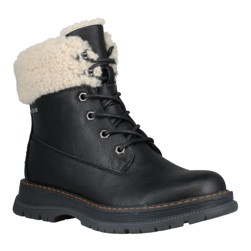 Westland Peyton 16 women's black vegan waterproof zip-and-lace faux fur ankle boots, front three-quarter view.
