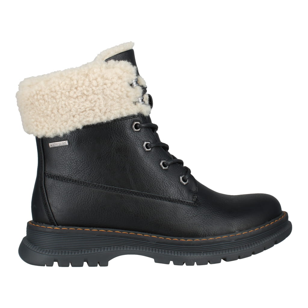 Westland Peyton 16 women's black vegan waterproof zip-and-lace faux fur ankle boots, side view.