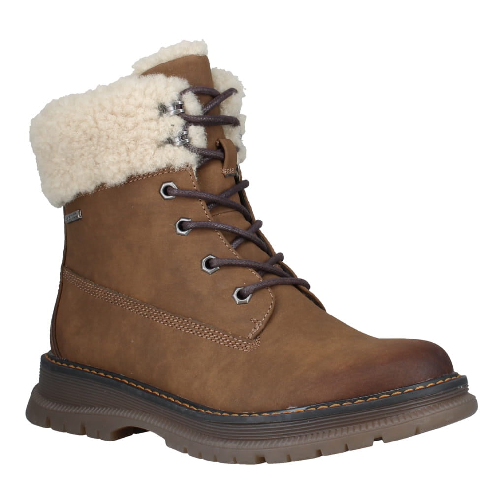 Westland Peyton 16 women's brown vegan waterproof zip-and-lace faux fur ankle boots, front three-quarter view.