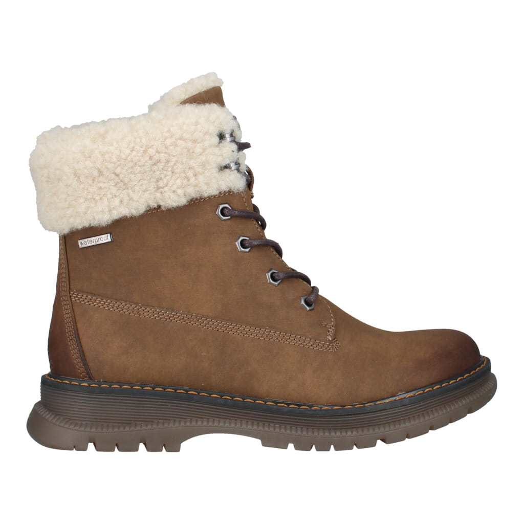 Westland Peyton 16 women's brown vegan waterproof zip-and-lace faux fur ankle boots, side view.