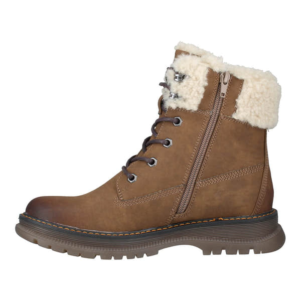 Westland Peyton 16 women's brown vegan waterproof zip-and-lace faux fur ankle boots, opposite side view.