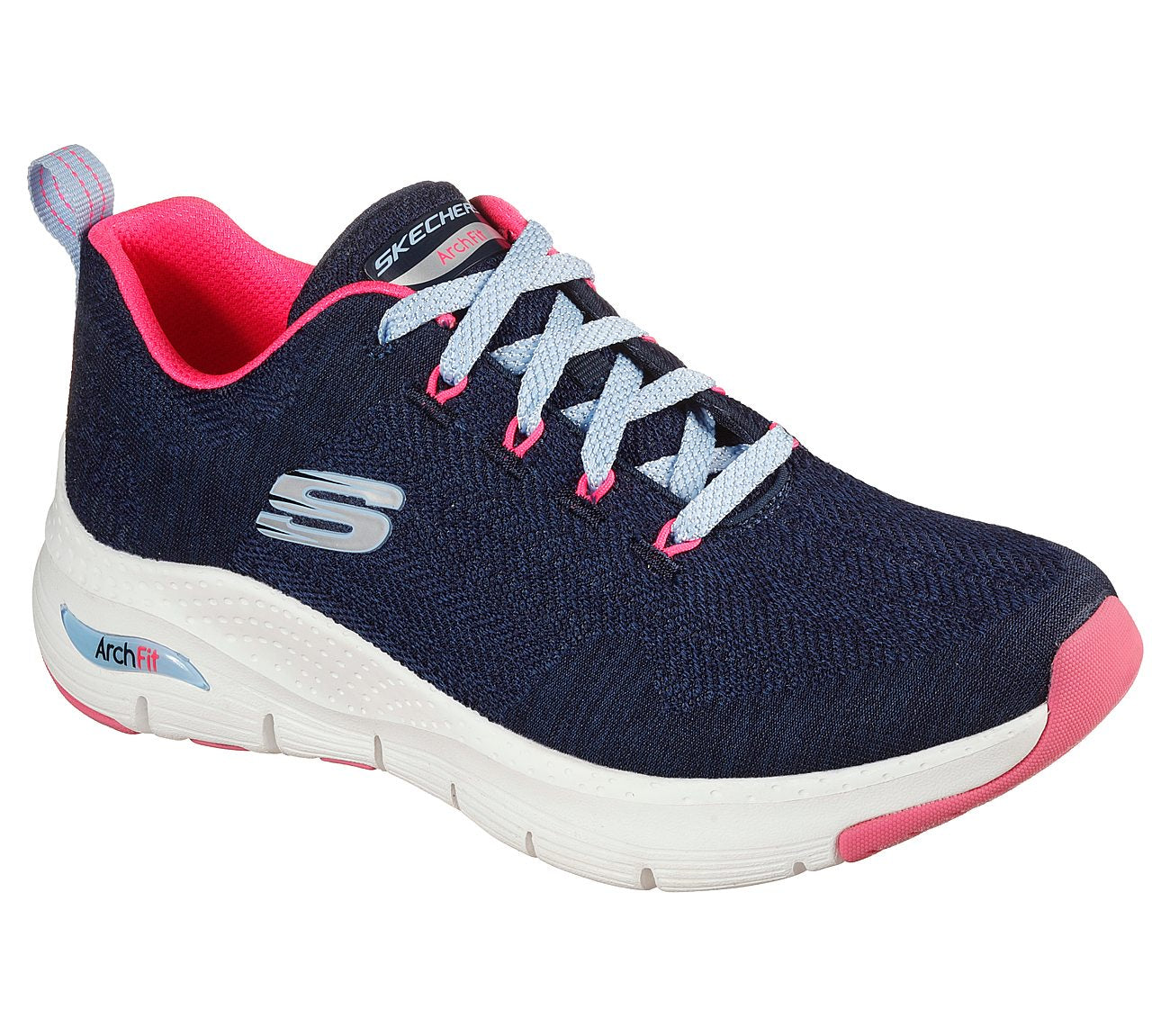 Skechers 149414 Arch Fit Comfy Wave Ladies Navy and Hot Pink Textile Arch Support Lace Up Trainers