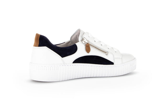 Gabor 23.330.20 Wemo Ladies White, Navy Blue And Tan Leather & Suede Zip & Lace Trainers