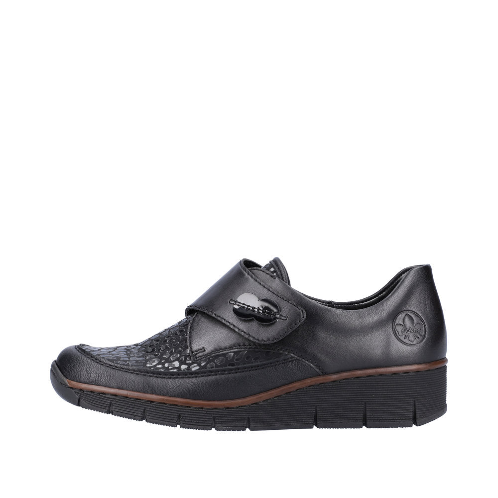 Rieker 537C0-00 Ladies Black Leather & Textile Touch Fastening Shoes