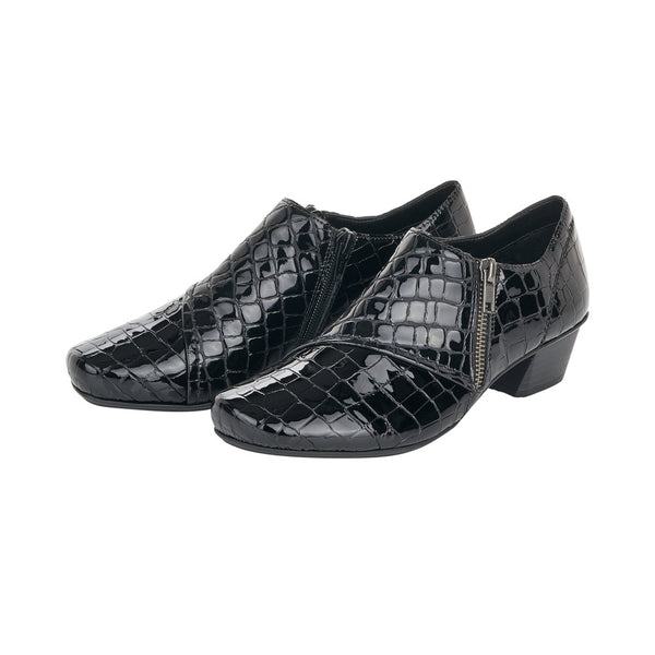 Rieker 53851-01 Black Patent Leather Croc Print Low Heel Trouser Shoes