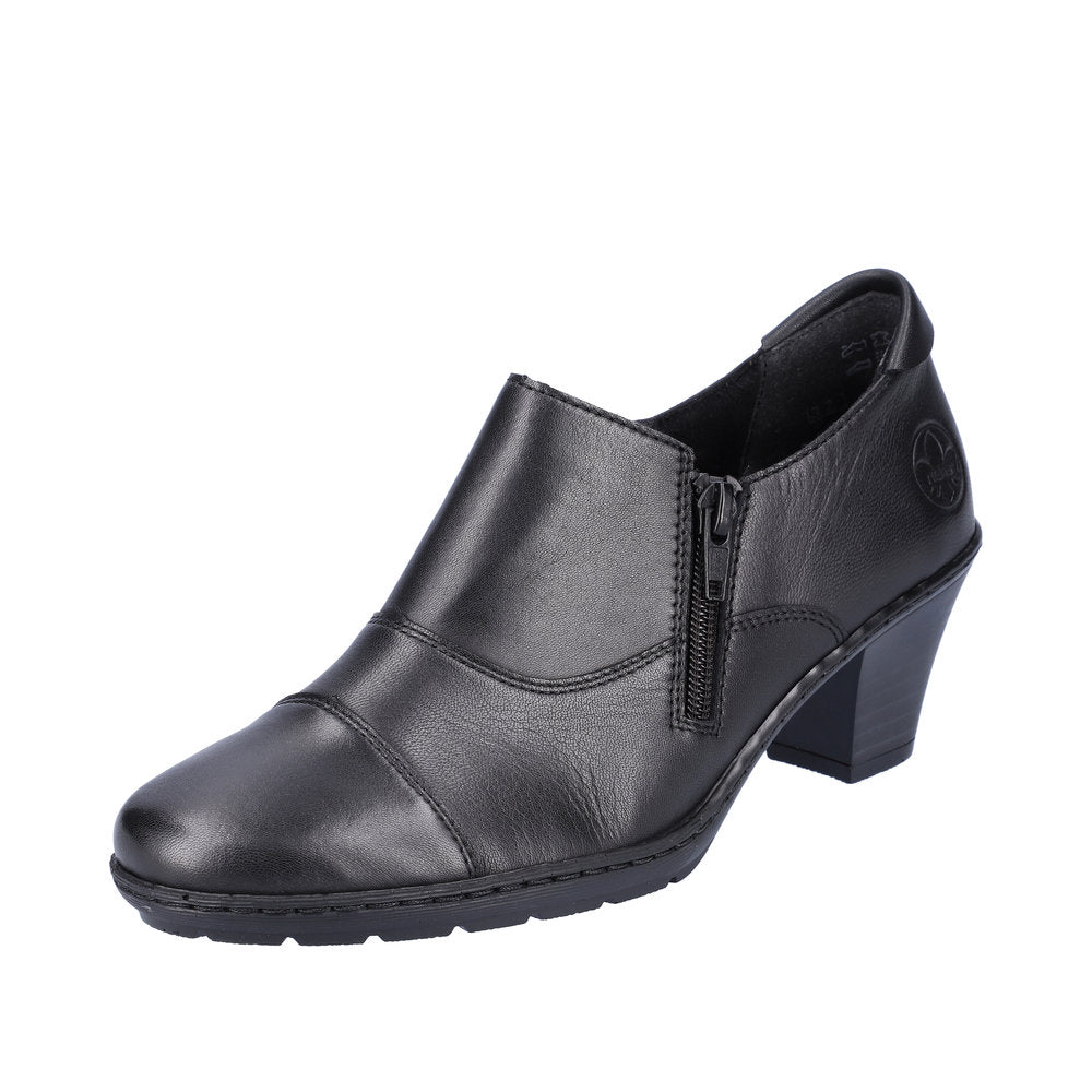 Rieker 57173-02 Ladies Black Leather Side Zip Heels