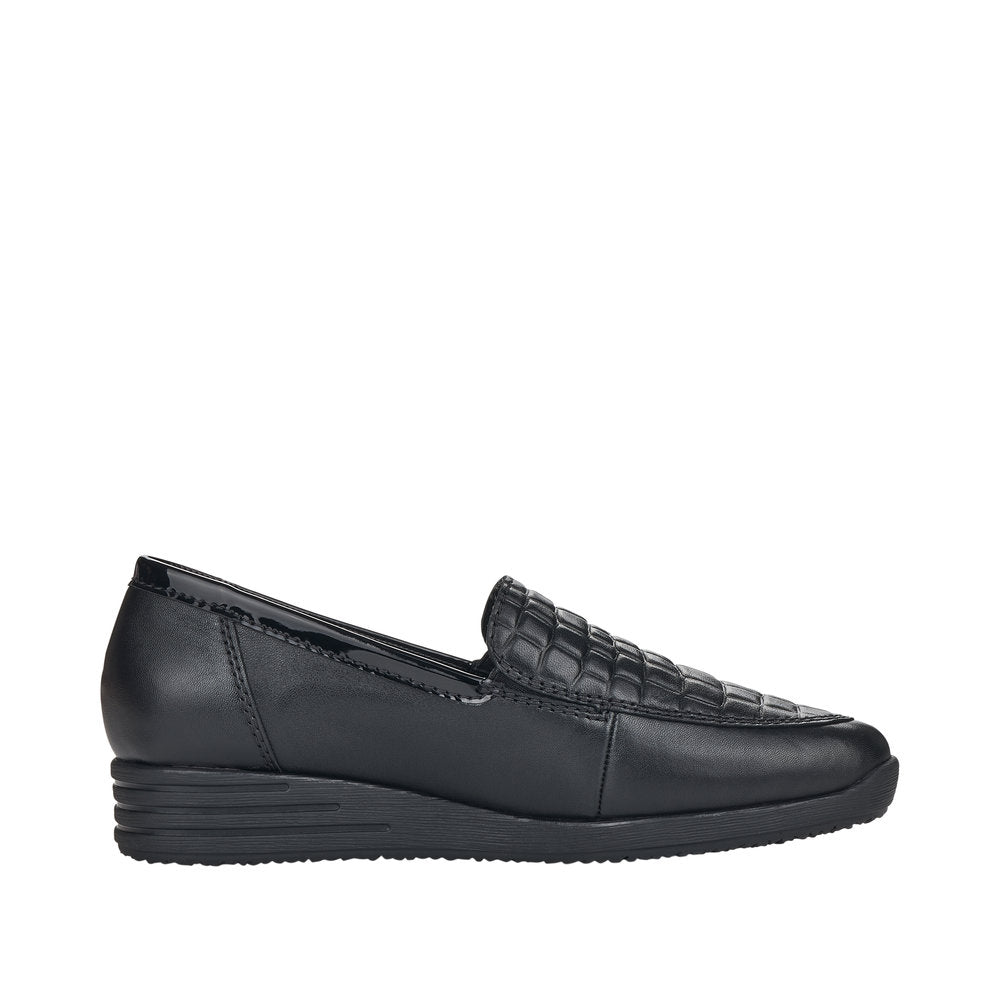Rieker 58450-00 Ladies Black Leather & Textile Water Resistant Slip Ons
