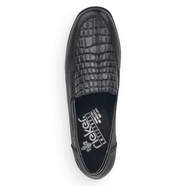 Rieker 58450-00 Ladies Black Leather & Textile Water Resistant Slip Ons
