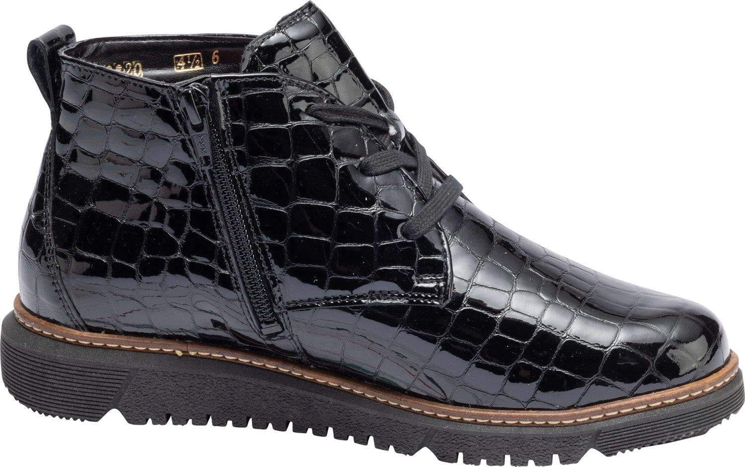 Waldlaufer 604804 150 001 K-Gesa Ladies Black Patent Leather Zip & Lace Ankle Boots