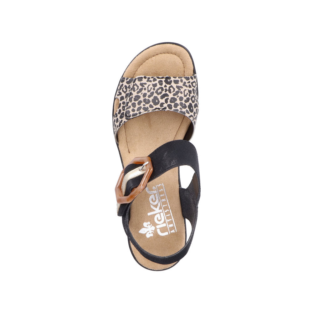 Rieker 68176-00 Ladies Black & Leopard Print Synthetic Touch Fastening Sandals