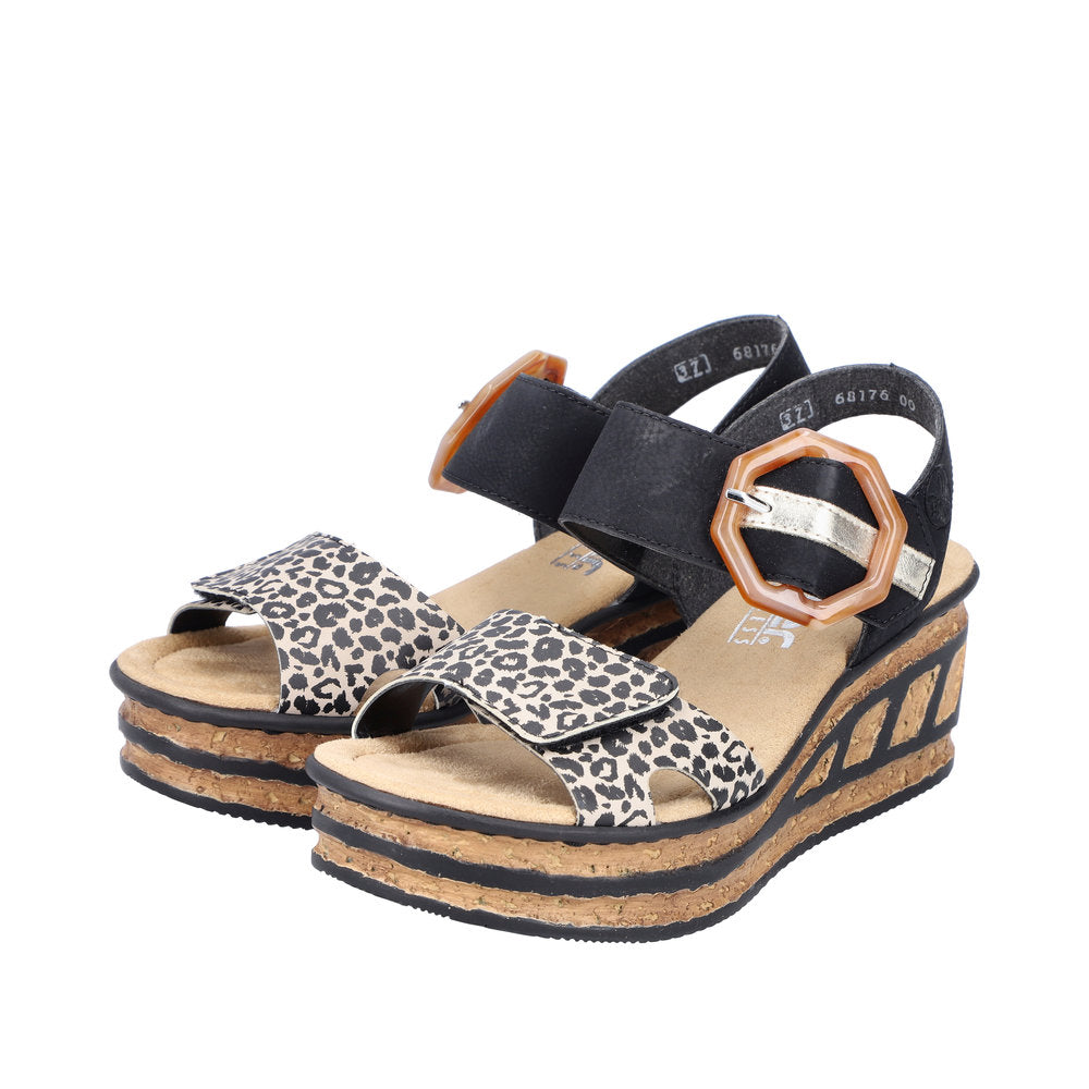 Rieker 68176-00 Ladies Black & Leopard Print Synthetic Touch Fastening Sandals