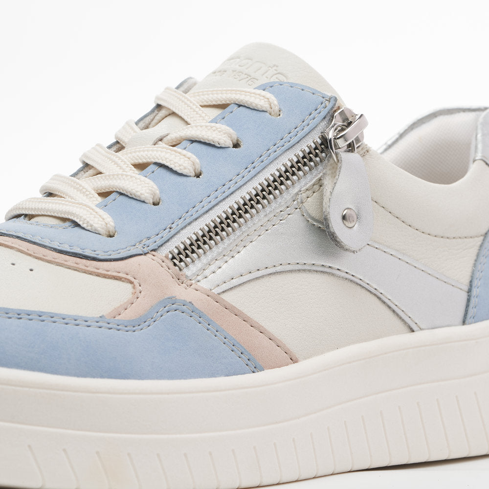 Remonte D0J01-82 Ladies White And Light Blue Leather & Textile Zip & Lace Trainers