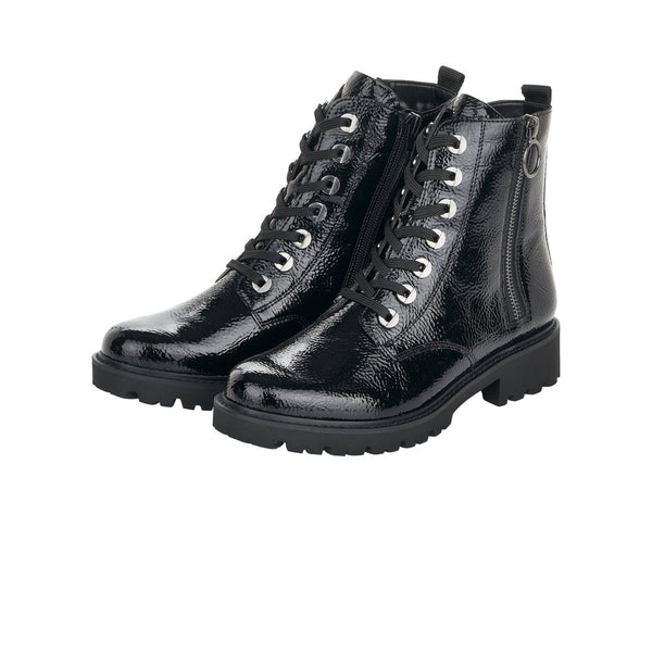 Remonte D8671-02 Ladies Black Patent Double Side Zip Lace-Up Boot