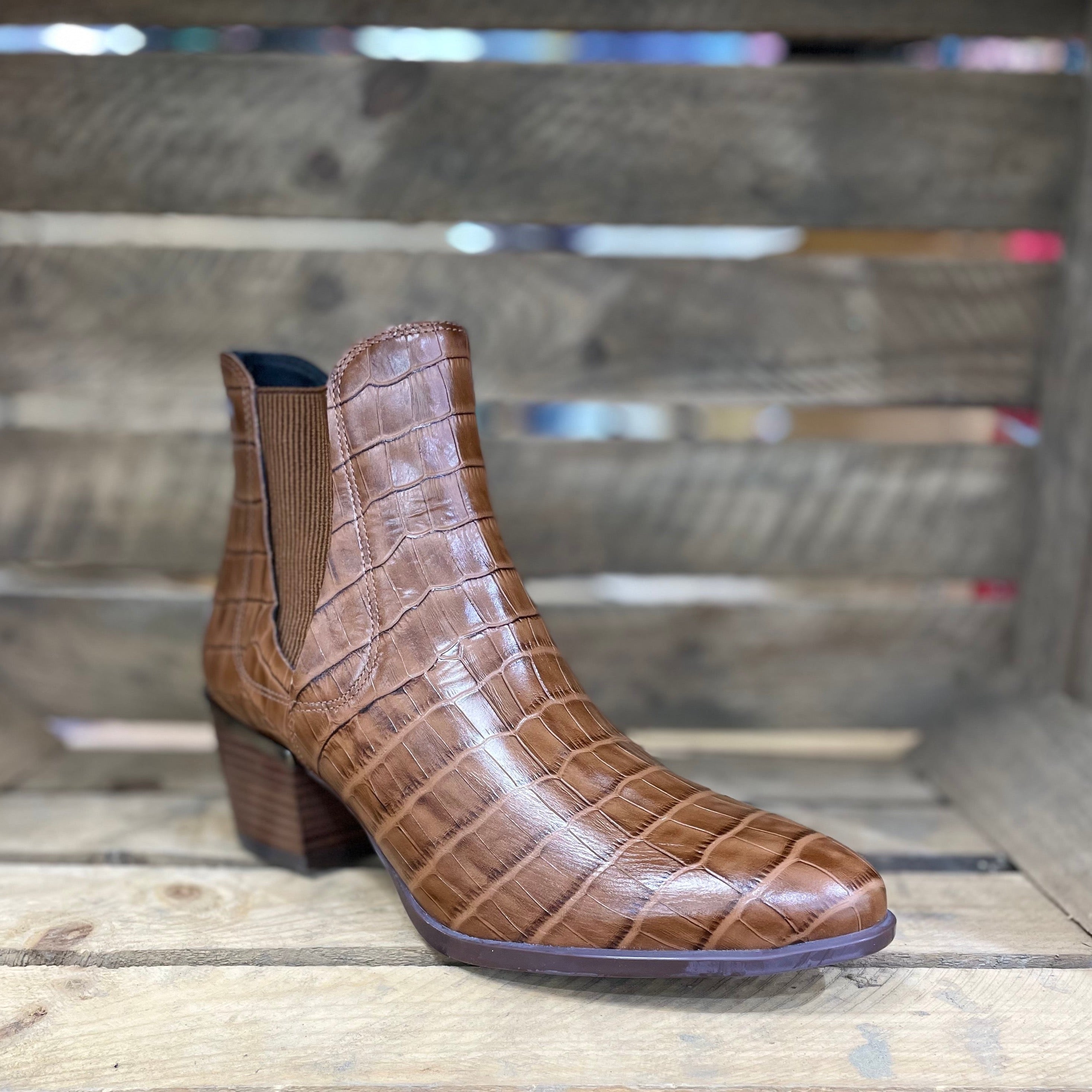 Elevate Your Sole 63500 Ladies Tan Croc Leather Pull On Ankle Boots
