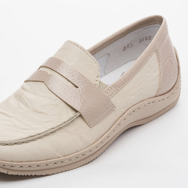 Rieker L1752-60 Ladies Beige Leather & Textile Slip On Shoes