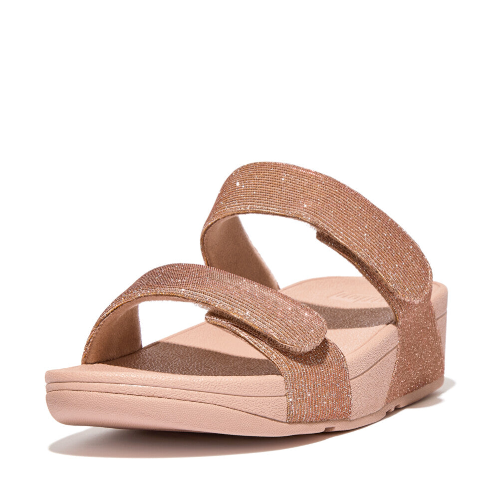 FitFlop FZ9-323 Lulu Adjustable Shimmerlux Slides Ladies Rose Gold Textile Arch Support Slip On Sandals