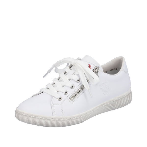 Rieker N0900-81 Ladies White Leather & Textile Zip & Lace Trainers
