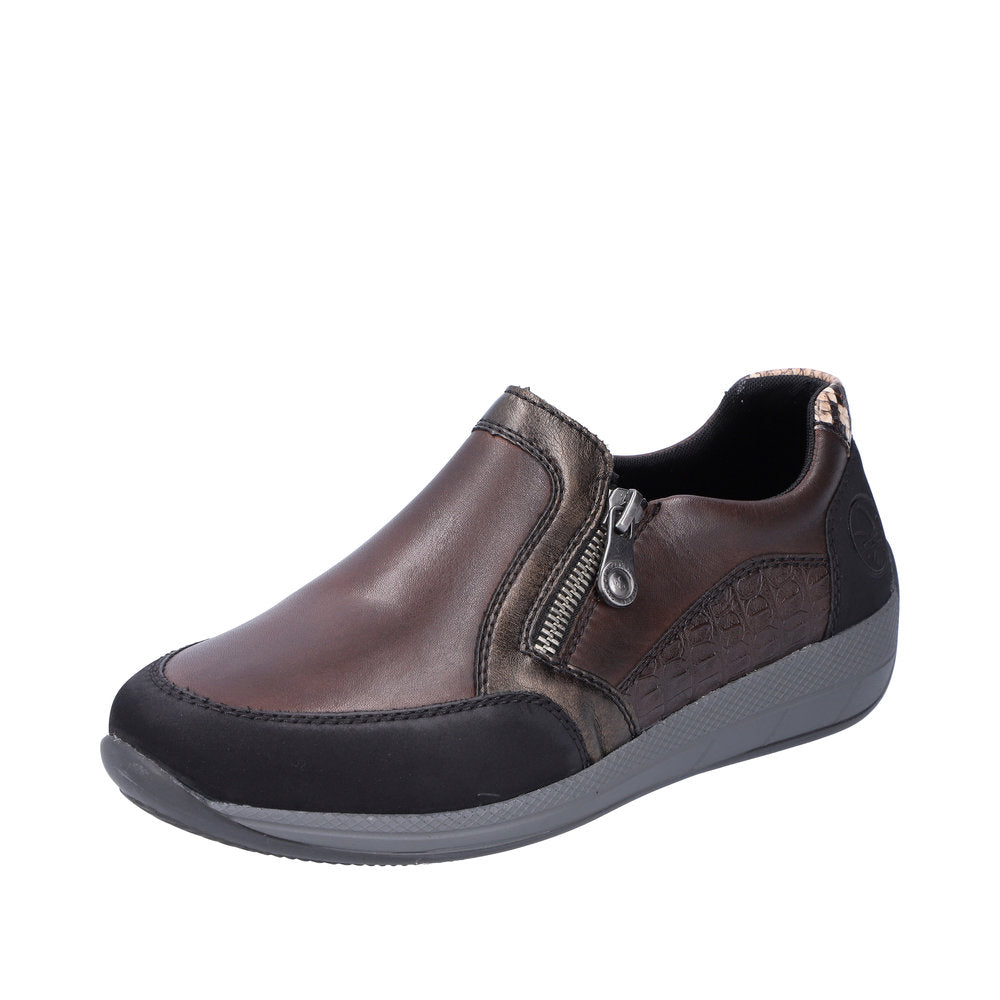 Rieker N1151-90 Ladies Brown Leather & Textile Side Zip Shoes