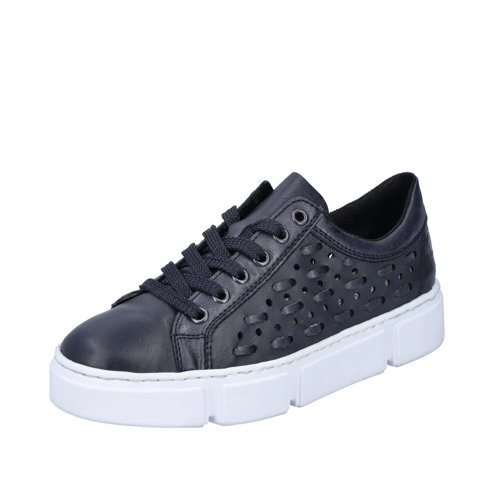 Rieker N5918-14 Ladies Navy Blue Leather & Textile Lace Up Trainers