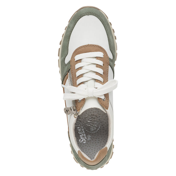 Rieker N7422-80 Ladies White And Khaki Zip & Lace Trainers