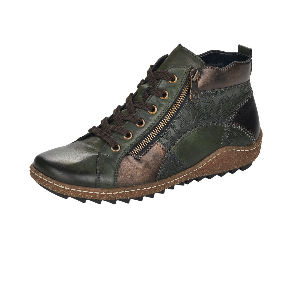 Remonte R4790-54 Ladies Green Multi Leather Lace-Up Side Zip Boots