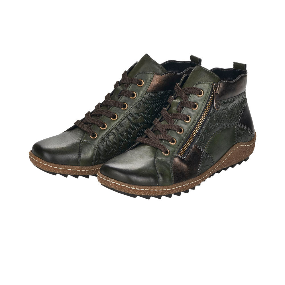 Remonte R4790-54 Ladies Green Multi Leather Lace-Up Side Zip Boots